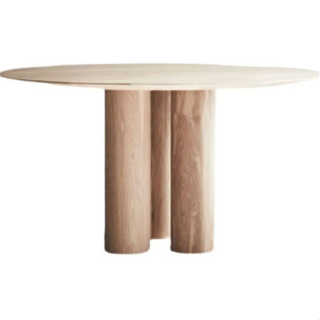 Mesa de comedor minimalista de madera natural con 3 patas cilíndricas, forma redonda única y lujo clásica