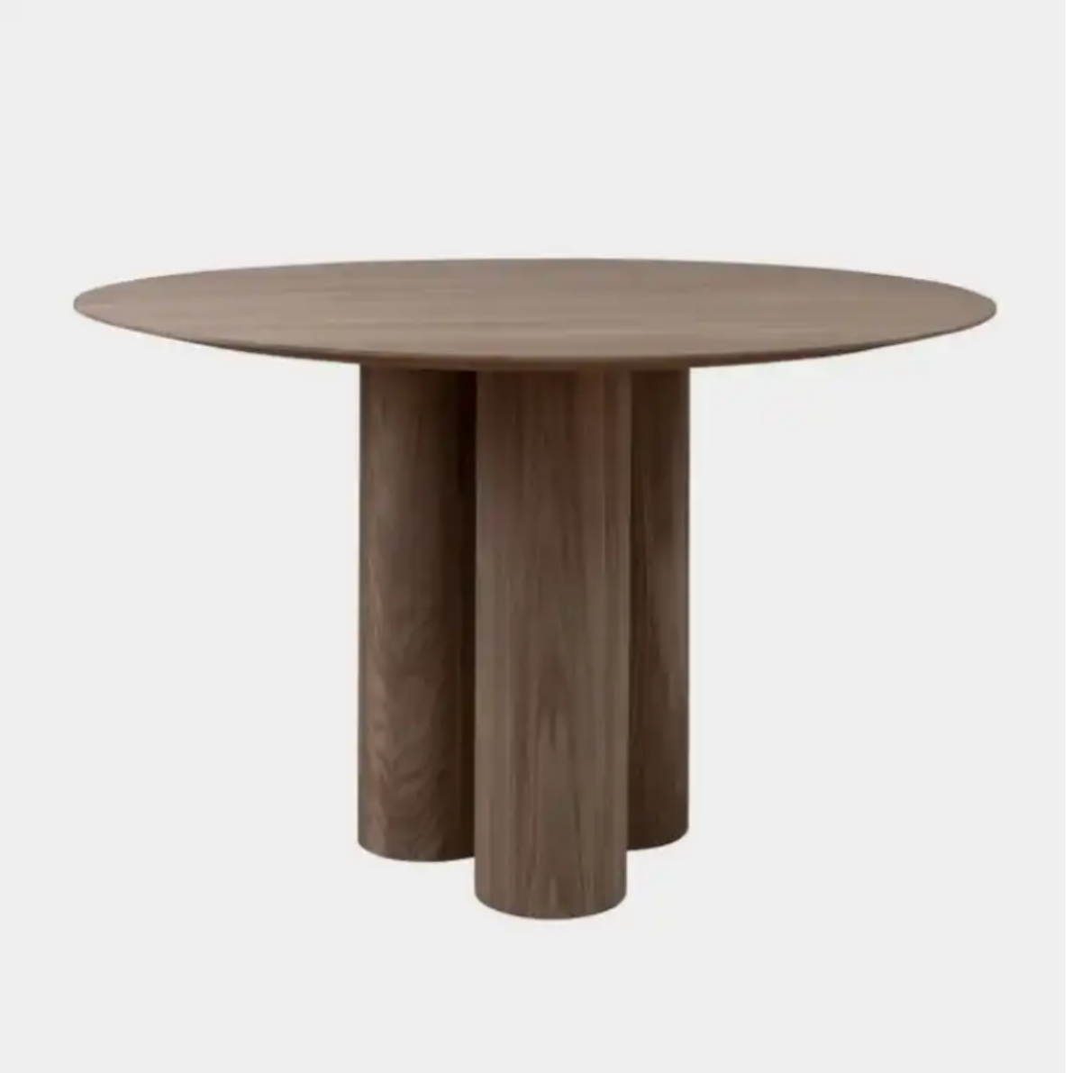 Mesa de comedor minimalista de madera natural con 3 patas cilíndricas, forma redonda única y lujo clásica